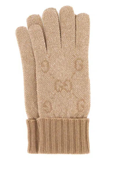 Gucci Cashmere Blend Knit Gloves Ribbed Cuffs In Brown