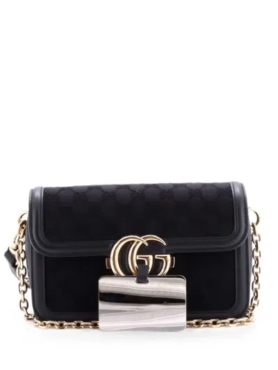 Pre-owned Gucci Go Gg Canvas With Leather Small Shoulder Bag In Black