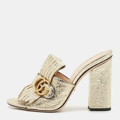 Pre-owned Gucci Gold Crinkled Leather Marmont Gg Fringe Mule Sandals Size 38