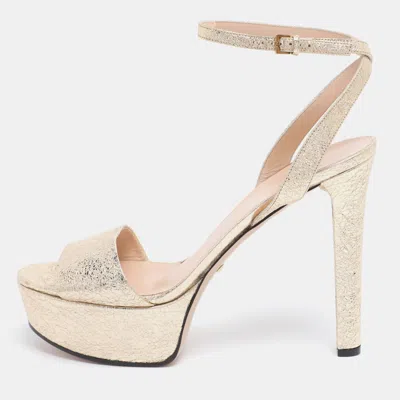 Pre-owned Gucci Gold Crinkled Patent Leather Platform Ankle Strap Sandals Size 41