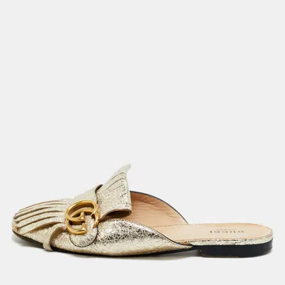 Pre-owned Gucci Gold Foil Leather Gg Marmont Fringe Detail Flat Mules Size 36