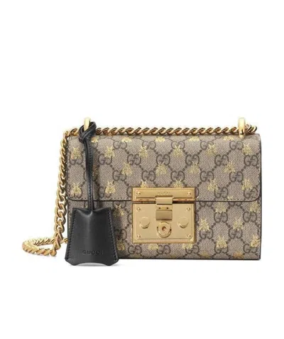 Gucci Gold Gg Bees Padlock Small Shoulder Bag In Brown