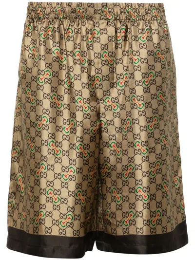 Gucci Gg Horsebit-print Silk Shorts In Neutrals