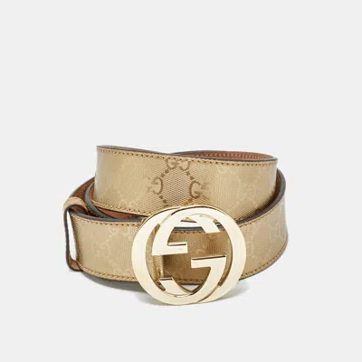 Pre-owned Gucci Gold Gg Imprime Canvas Interlocking G Buckle Belt 95cm