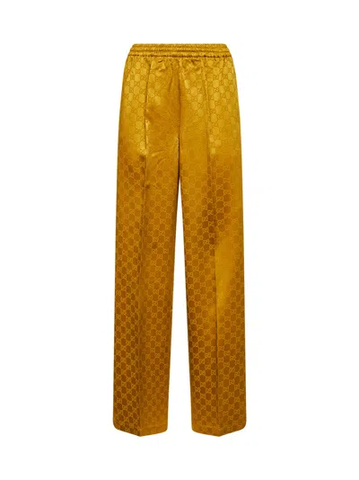 Gucci Gold Gg Jacquard Viscose Blend Trousers In Brown