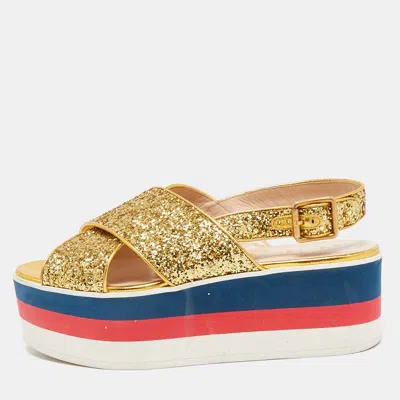 Pre-owned Gucci Gold Glitter Leather Crossover Platform Sandals Size 38