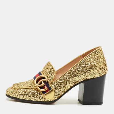 Pre-owned Gucci Gold Glitter Web Peyton Gg Marmont Loafer Pumps Size 37