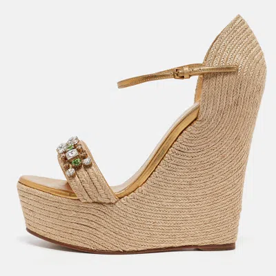 Pre-owned Gucci Gold Leather And Jute Crystal Embellished Espadrille Wedge Sandals Size 39