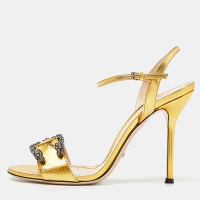 Pre-owned Gucci Gold Leather Ankle Strap Sandals Size 41.5