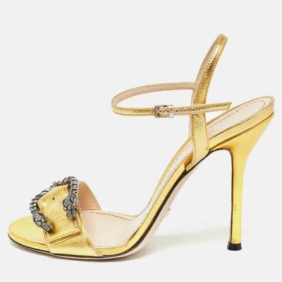 Pre-owned Gucci Gold Leather Dionysus Ankle Strap Sandals Size 39 In Metallic