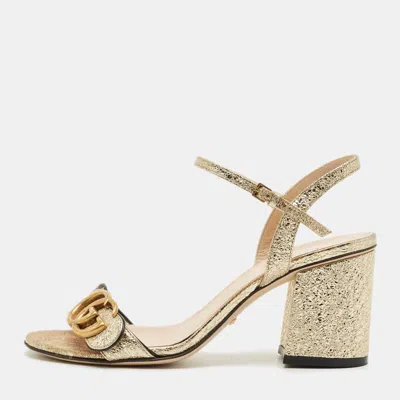 Pre-owned Gucci Gold Leather Gg Marmont Ankle Strap Sandals Size 35.5