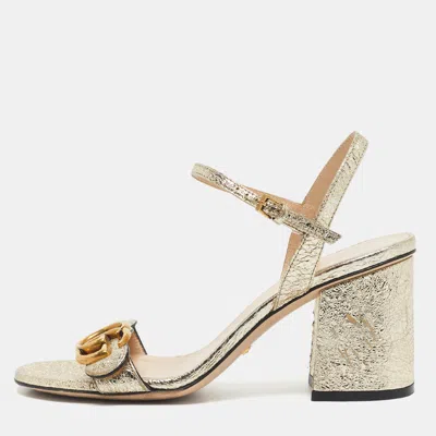 Pre-owned Gucci Gold Leather Horsebit Ankle Strap Sandals Size 36