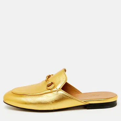 Pre-owned Gucci Gold Leather Horsebit Princetown Flat Mules Size 36.5