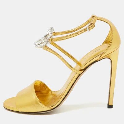Pre-owned Gucci Gold Leather Interlocking G Crystal Embellished Ankle Sandals Size 39.5