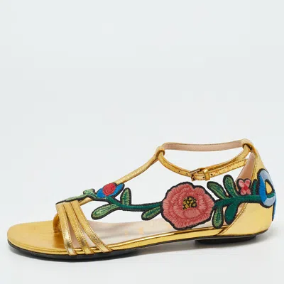 Pre-owned Gucci Gold Leather Ophelia Floral Embroidered Flat Sandals Size 34.5