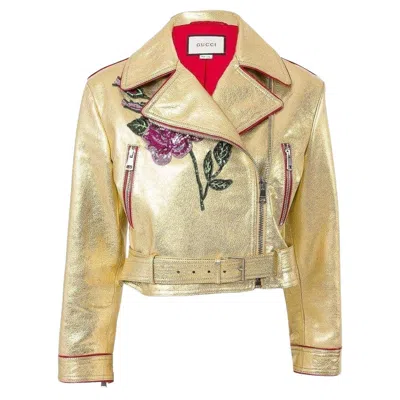 Pre-owned Gucci Gold Leather Short Biker Jacket Size It40