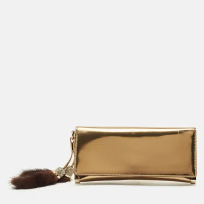 Pre-owned Gucci Gold Patent Leather Fur And Crystal Tassel Clutch