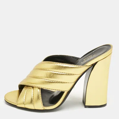 Pre-owned Gucci Gold Quilted Leather Crisscross Block Heel Slide Sandals Size 39.5