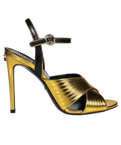 Gucci Gold Round Toe Sandals With Adjustable Ankle Strap For Women
