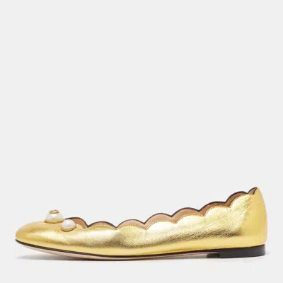 Pre-owned Gucci Gold Scalloped Leather Interlocking G Faux Pearl Ballet Flats Size 36