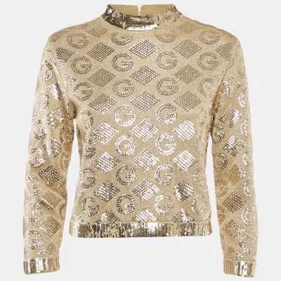 Pre-owned Gucci Gold Sequined Lurex Knit Long Sleeve Top M