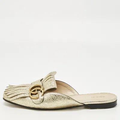 Pre-owned Gucci Gold Texture Leather Gg Marmont Fringe Mules Size 38