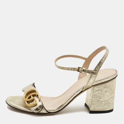 Pre-owned Gucci Gold Textured Leather Gg Marmont Ankle Strap Sandals Size 35.5