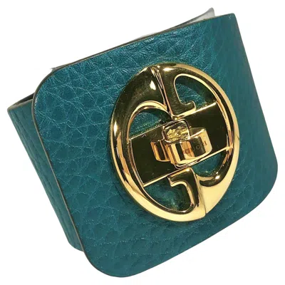 Pre-owned Gucci Gold Tone Turnkey Gg Teal Color Embossed Leather Bracelet In Green