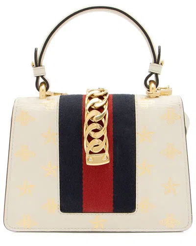 Gucci Gold, White Calfskin, Nylon Bee & Star Sylvie Mini Top Handle (authentic  Pre-loved)