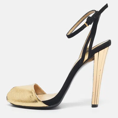 Pre-owned Gucci Gold/black Leather And Suede Delphine Ankle Strap Sandals Size 37.5
