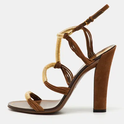 Pre-owned Gucci Gold/brown Leather And Suede Cord Strappy Sandals Size 37
