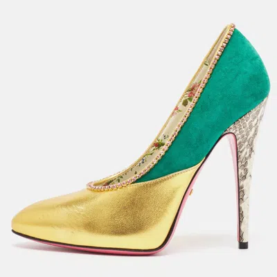 Pre-owned Gucci Gold/green Suede And Leather Crystal Embellished Pumps Size 37