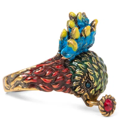 Pre-owned Gucci Gold-tone & Multicolor Enameled Bird & Crystal Ring 10