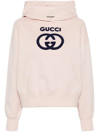 GUCCI LIGHT PINK COTTON HOODIE WITH INTERLOCKING G LOGO AND FRENCH TERRY LINING FOR WOMEN