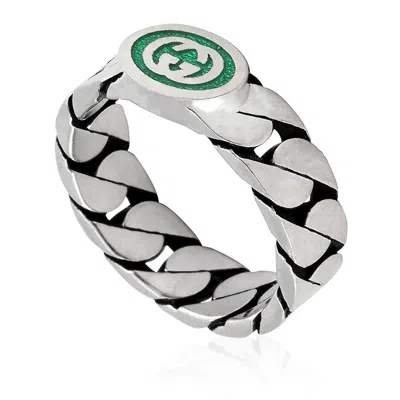 Gucci Gourmette Silver And Green Interlocking G Ring In Silver Tone