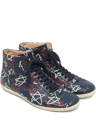 Pre-owned Gucci Graffiti Star Leather Sneakers In Blue