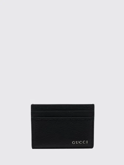 Gucci Grained Leather Card Holder With Metallic Logo And Four Slots In Black