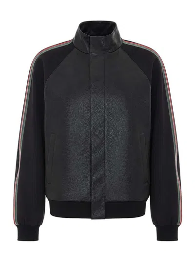 Gucci Grany Leather With Web Bomber Jacket In Gray