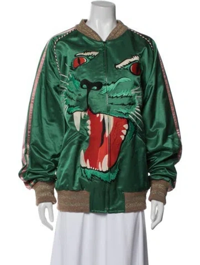 Pre-owned Gucci Graphic Print Bomber Jacket In Green/pink