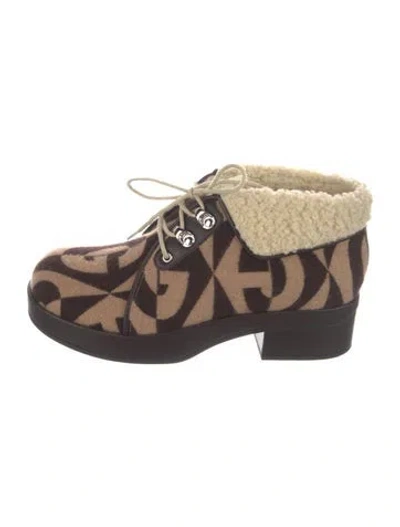 Pre-owned Gucci Graphic Print Fur Trim Lace-up Boots In Brown/neutrals