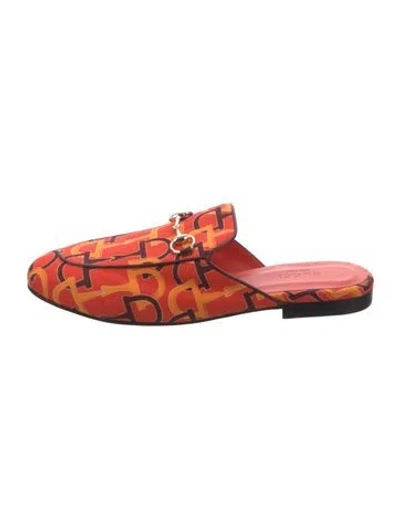 Pre-owned Gucci Graphic Print Leather Trim Embellishment Mules In Orange/red