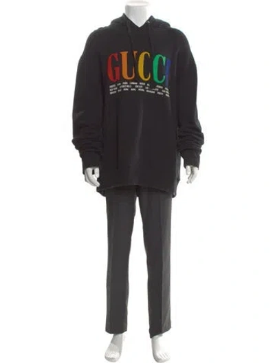 Pre-owned Gucci Graphic Print V-neck Hoodie In Black