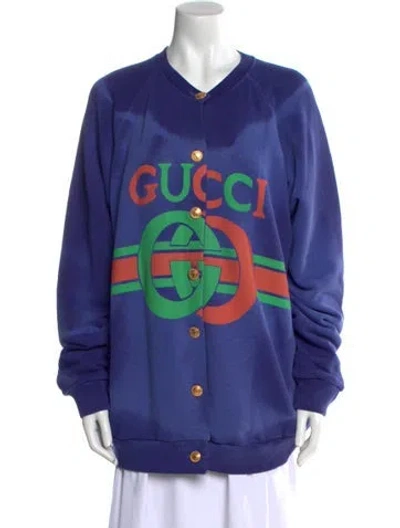 Pre-owned Gucci Graphic Print V-neck Sweater In Blue