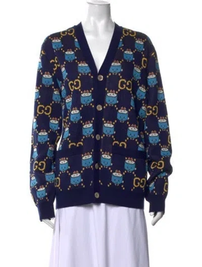 Pre-owned Gucci Graphic Print V-neck Sweater In Blue