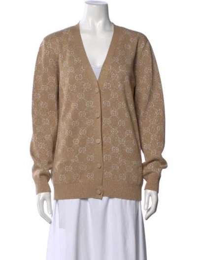 Pre-owned Gucci Graphic Print V-neck Sweater In Brown