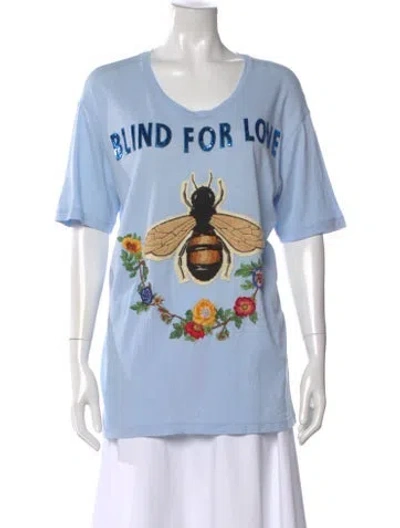 Pre-owned Gucci Graphic Print V-neck T-shirt In Blue
