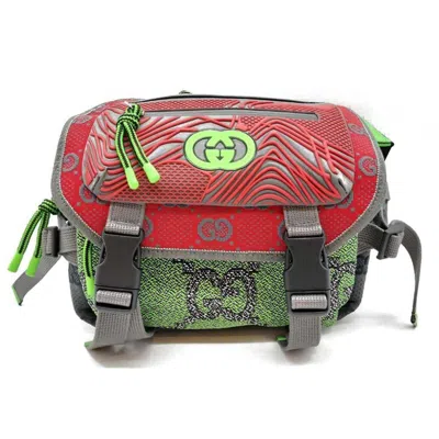 Pre-owned Gucci Gray Green Red Color Nylon Backpack Fanny Pack ()