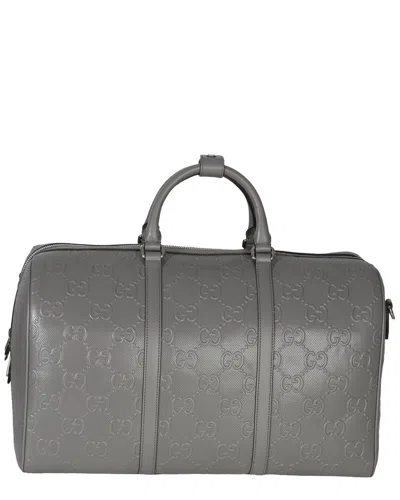 Pre-owned Gucci Gray Leather Embossed Gg Tennis Medium Duffle Bag (authentic Pre-loved)