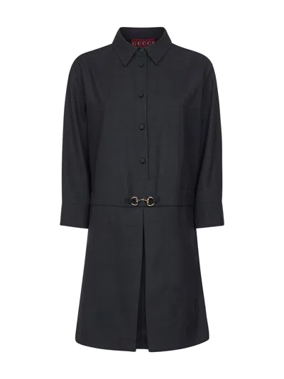 GUCCI GRAY WOOL SHIRT DRESS WITH HORSEBIT