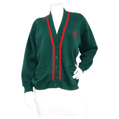 Pre-owned Gucci Green & Red Trim Cotton Logo Patch Cardigan Circa 1980s